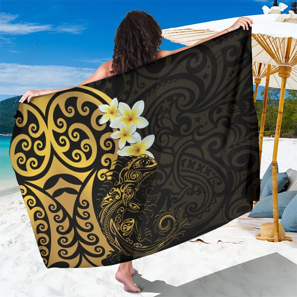 Gold Tribal Plumeria Koru Print Sarong Polynesian Beach Wrap for Resort Hotel Wholesale Pareo - main view