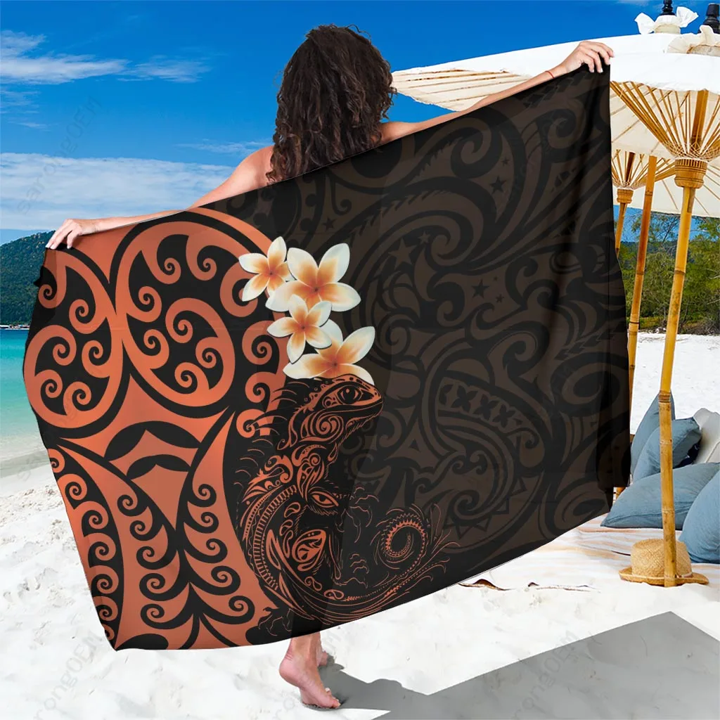 Orange Plumeria Tribal Koru Tattoo Print Sarong South Pacific Beach Wrap Wholesale Pareo - main view