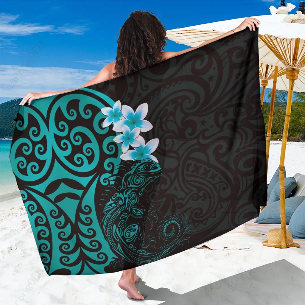 Teal Plumeria Tribal Tattoo Print Sarong Maori Koru Design South Pacific Beach Wrap Pareo Wholesale - main view