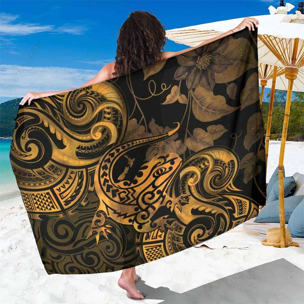 Gold Maori Tuatara Clematis Floral Print Sarong Aotearoa Polynesian Beach Wrap Wholesale Pareo - main view