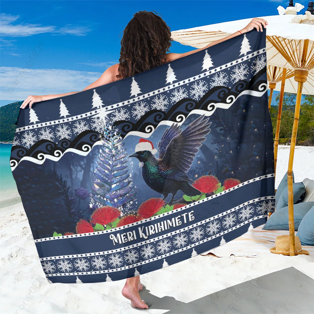Red Green Christmas Tui Bird Pohutukawa Floral Sarong Beach Wrap New Zealand Tropical Island Resort Pareo Wholesale - main view