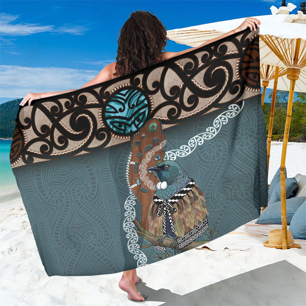 Black New Zealand Tui Bird Maripi Sarong Maori Weapon Kowhaiwhai Pattern Polynesian Beach Wrap Wholesale Pareo - main view