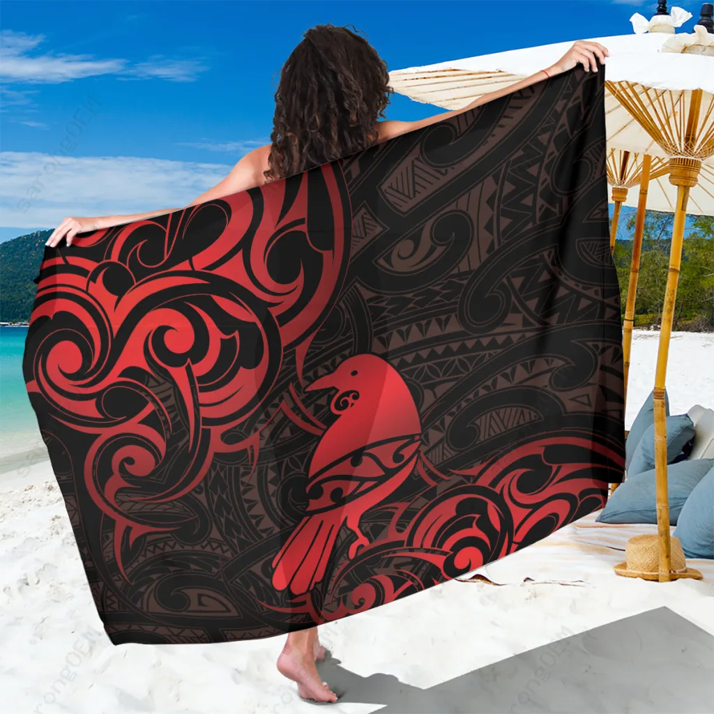 Red Tui Bird Maori Aotearoa Pattern Print Sarong South Pacific Style Beach Wrap Wholesale Pareo - main view