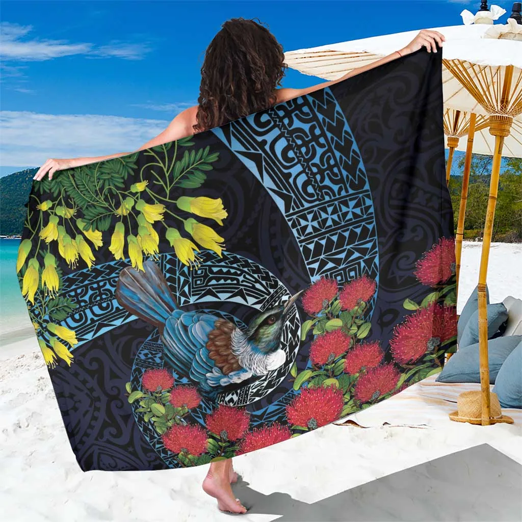 White Tui Bird Silver Fern Koru Pohutukawa Floral Print Sarong Beach Wrap South Pacific Style Resort Cover Up Wholesale Pareo - main view