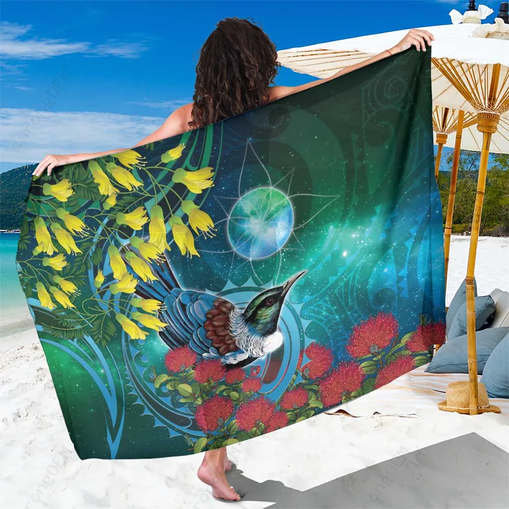 Deep Blue New Zealand Tui Bird Silver Fern Koru Tribal Galaxy Style Print Sarong Polynesian Beach Wrap Wholesale Pareo - main view