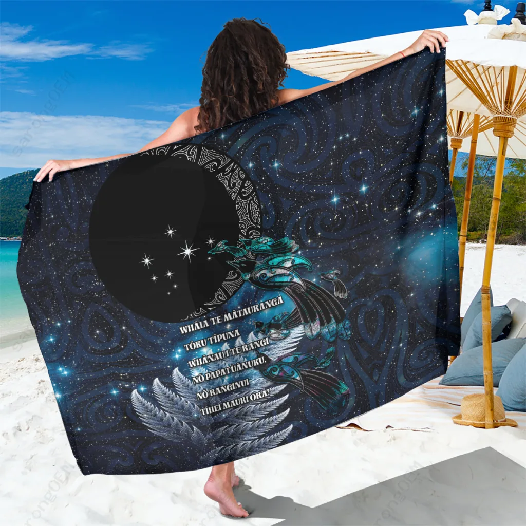 Navy Galaxy Tui Bird Poetry Print Sarong Beach Wrap Polynesian Island Resort Cover Up Wholesale Pareo