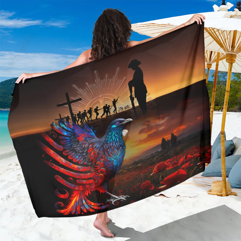 White New Zealand Tui Bird Anzac Soldier Print Sarong South Pacific Island Beach Wrap Wholesale Pareo - main view