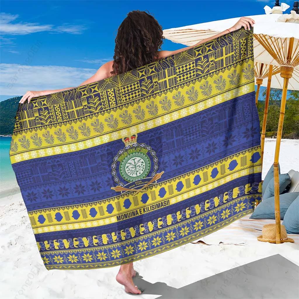 White Niue Christmas Sarong with Hiapo Motifs Monuina E Kilisimasi Print South Pacific Island Beach Wrap Wholesale Pareo - main view