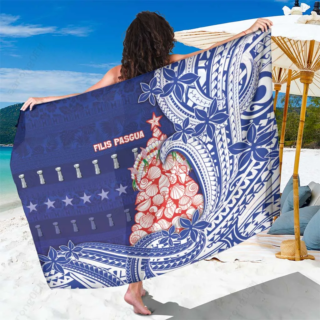 Navy Tribal Waves Seashell Christmas Tree Print Sarong Polynesian Beach Wrap Wholesale Pareo - main view