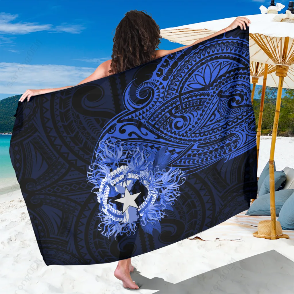Blue Ylang Ylang Polynesian Floral Tribal Print Sarong Beach Wrap Resort Pareo Wholesale - main view