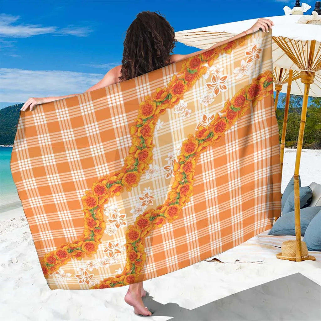 Orange Hawaii Palaka Plaid Ilima Lei Floral Print Sarong Tropical Beach Wrap Wholesale Pareo - main view