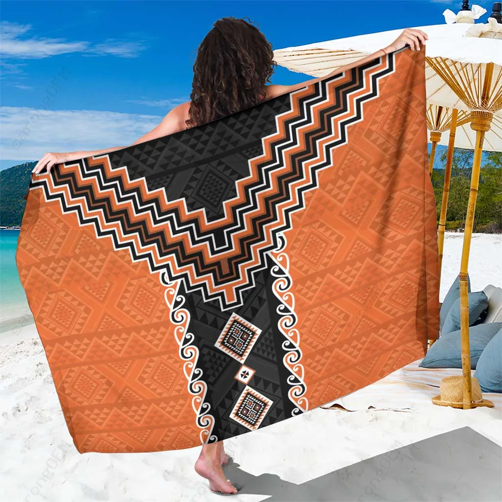 Orange Niho Taniwha Poutama Print Sarong Polynesian Beach Wrap Cover Up Wholesale Pareo
