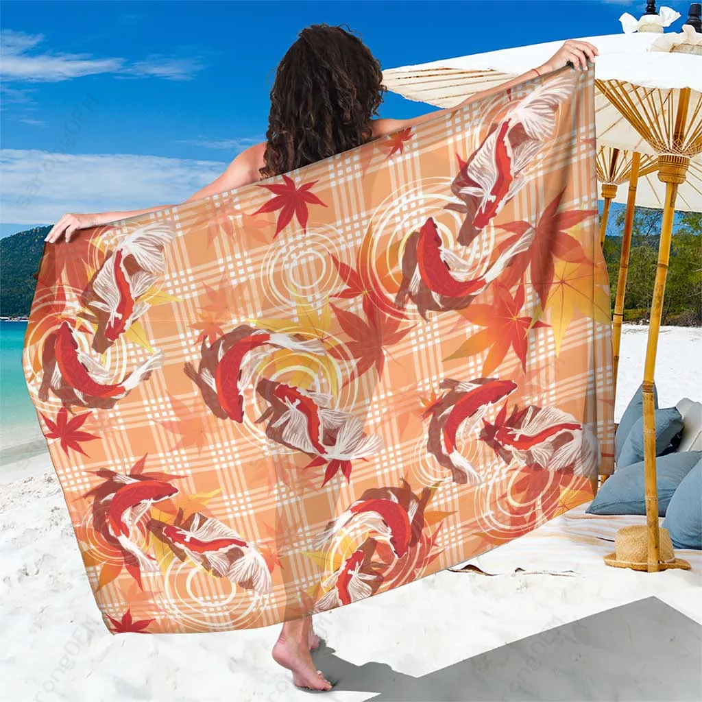 Orange Palaka Hawaii Aloha Sarong with Koi Pond & Japanese Maple Print Tropical Beach Wrap Wholesale Pareo - related