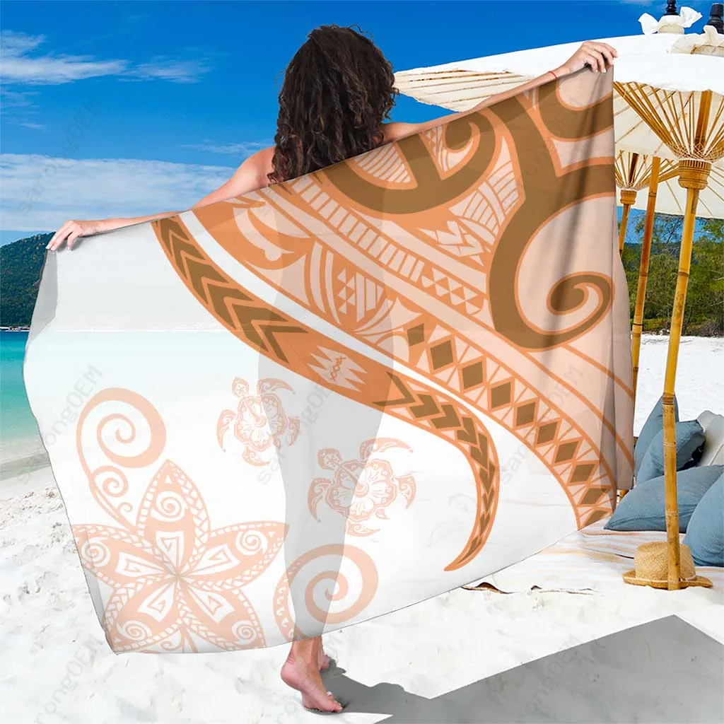 Orange Tribal Turtle Floral Pattern Sarong Polynesian Beach Wrap for Resort Hotel Wholesale Pareo - main view