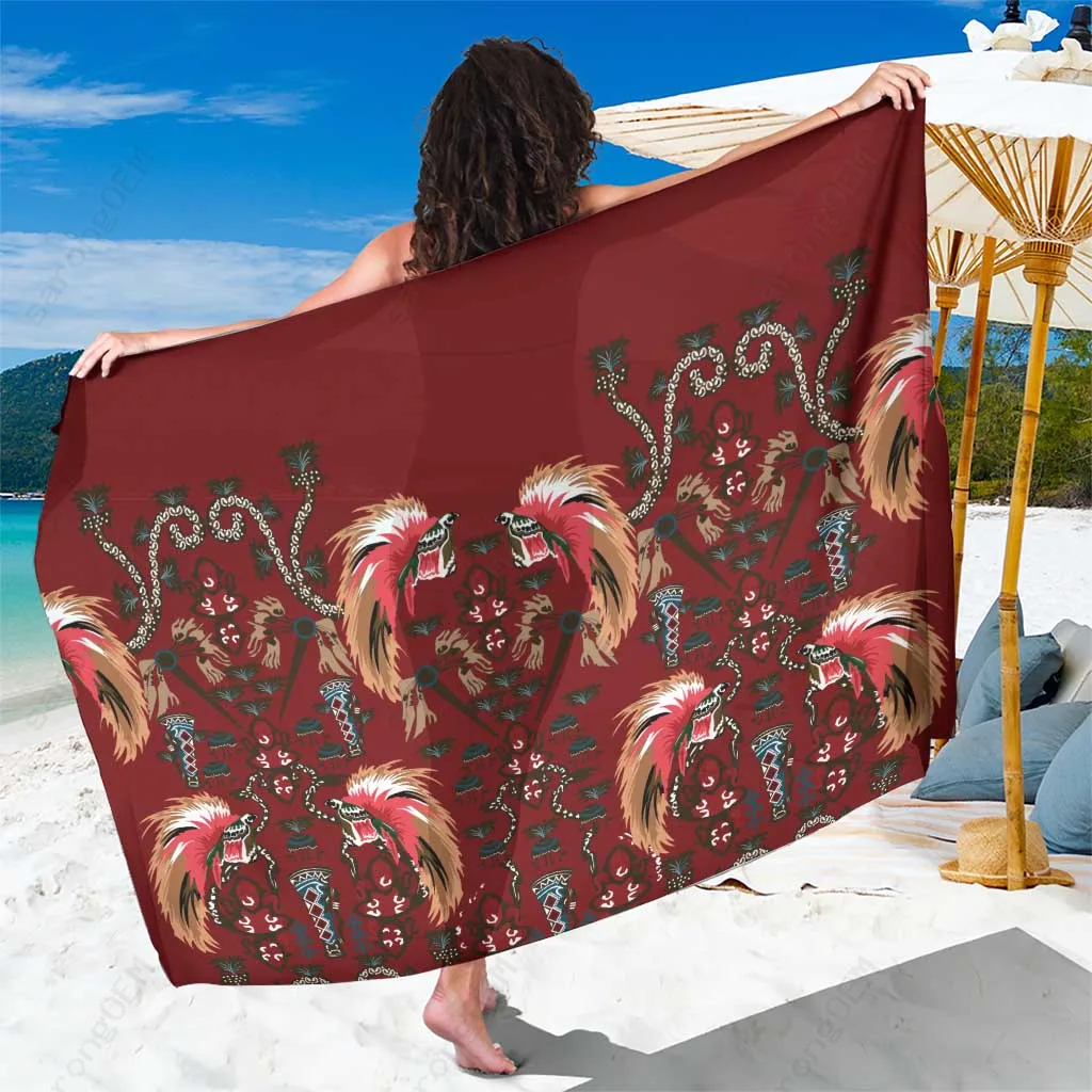 Oxblood Bird of Batik Papua Sarong Exotic Tropical Floral Print Beach Wrap Pareo Wholesale - main view