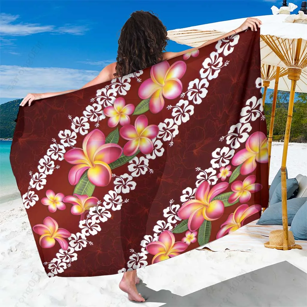 Oxblood Polynesia Sarong with Plumeria Hibiscus Pattern Tropical Vibe Beach Wrap Wholesale Pareo - main view