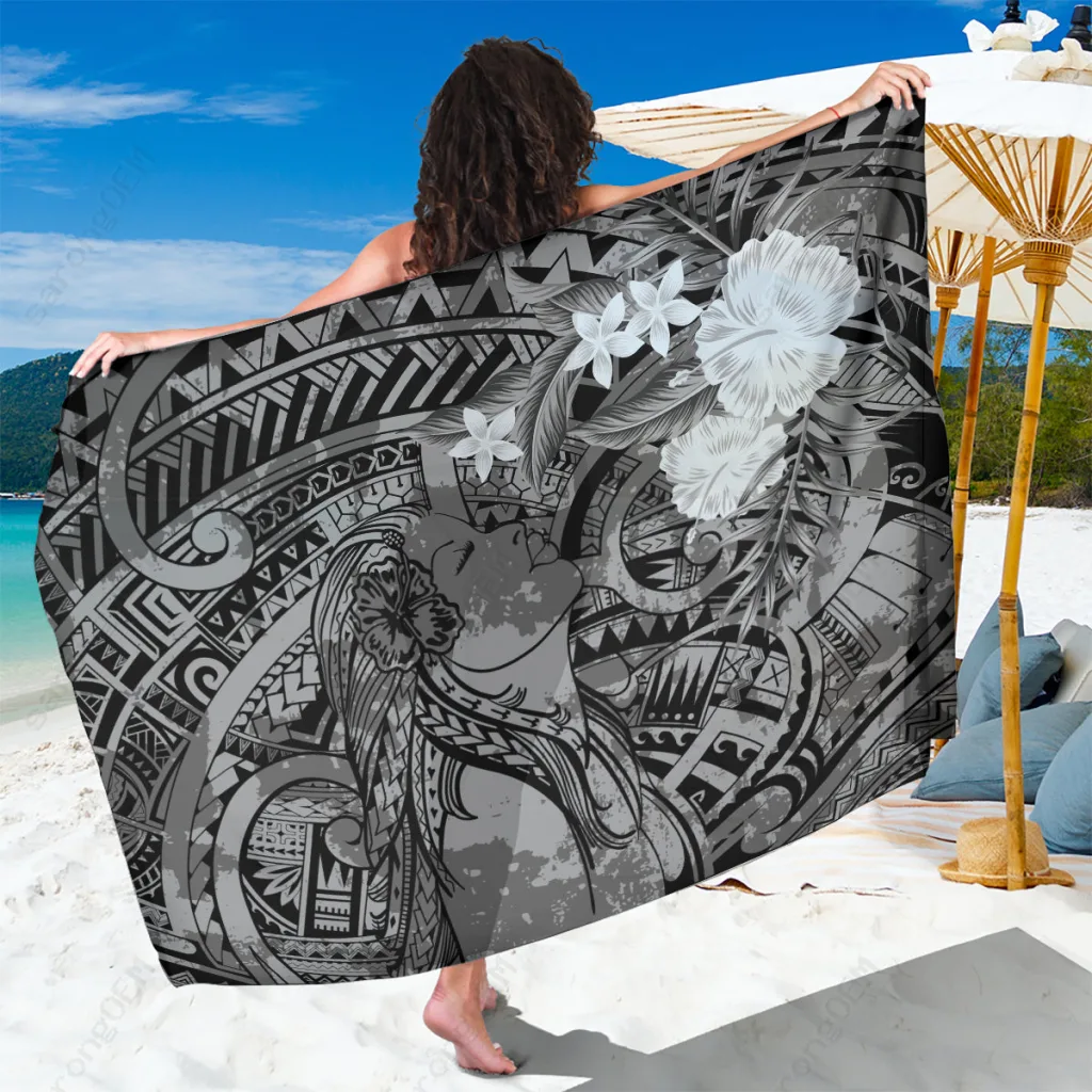 Black Tribal Vintage Motif Mandala Print Sarong Polyneisan Beach Wrap Cover Up Wholesale Pareo - main view