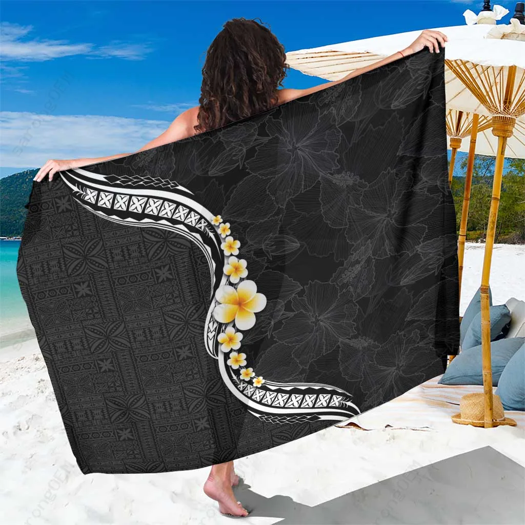 Black Hibiscus Plumeria Tapa Print Sarong Polynesian Beach Wrap Resort Cover Up Wholesale Pareo - main view