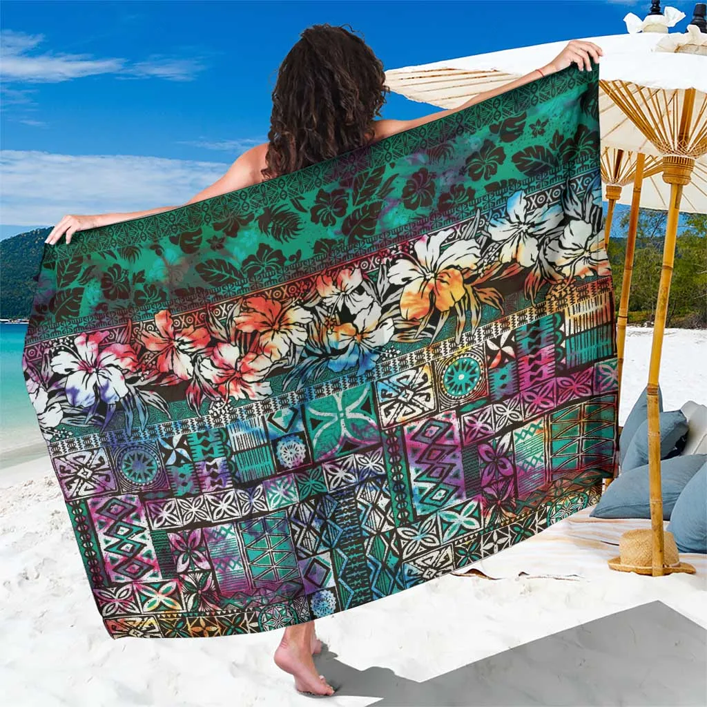 Turquoise Hibiscus Tribal Tapa Print Sarong South Pacific Beach Wrap Wholesale Pareo - main view