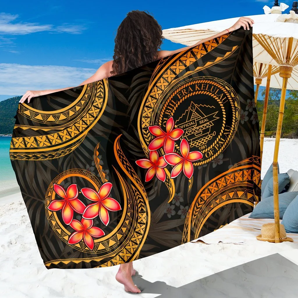 Gold Plumeria Print Sarong Beach Wrap Pareo Custom Viscose Rayon - main view