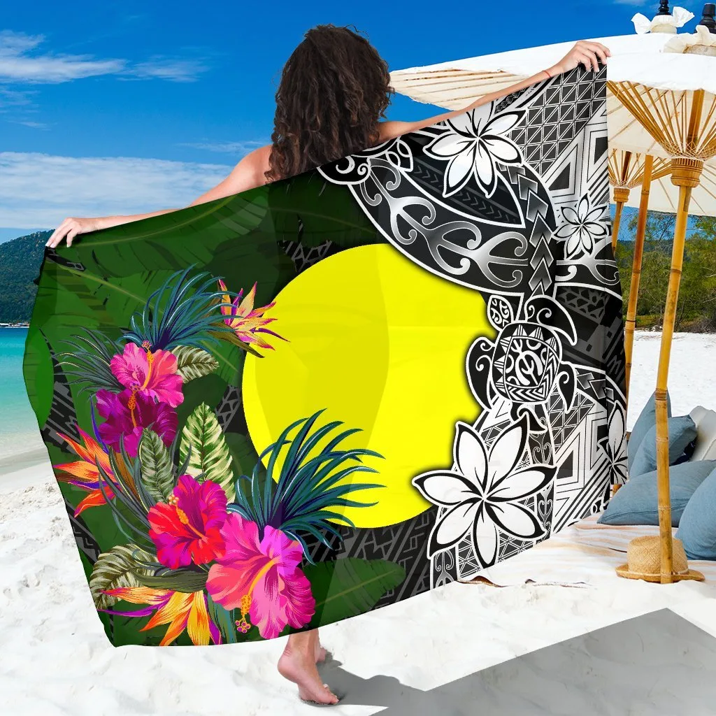White Base Turtle Plumeria Banana Leaf Print Sarong South Pacific Tropical Resort Beach Wrap Wholesale Pareo - main view