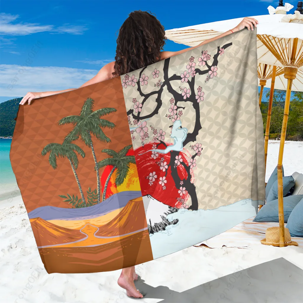 Blue-White Gradient Fuji Mountains Mandala Tribal Print Sarong South Pacific Island Beach Wrap Wholesale Pareo - main view