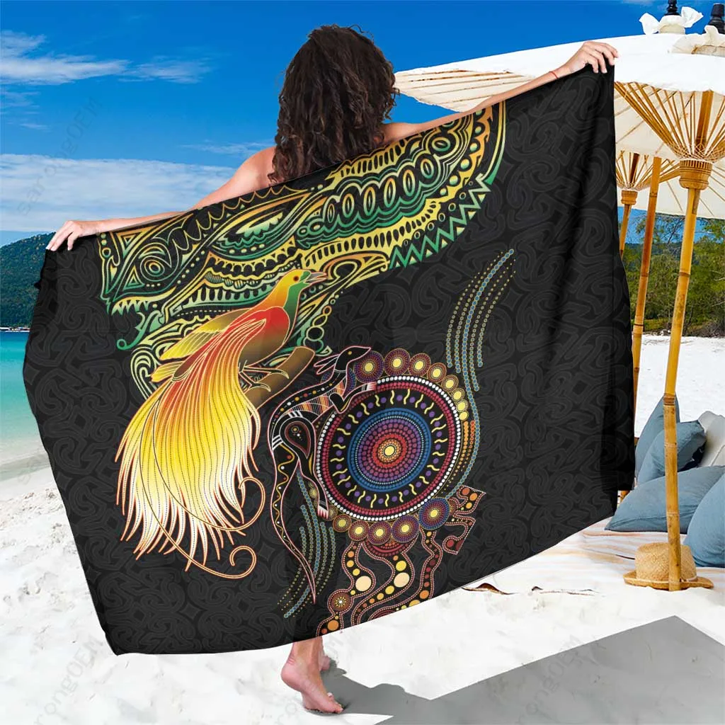 Black Sarong with Bird of Paradise & Kangaroo Motifs Papua New Guinea Aboriginal Style Beach Wrap Wholesale Pareo - main view