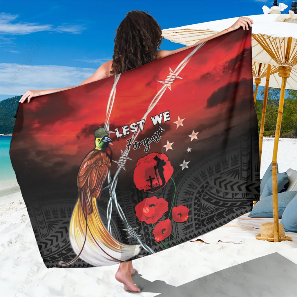 Red White Blue Poppy Cross Remembrance Day Print Sarong Papua New Guinea Cultural Beach Wrap Wholesale Pareo - main view