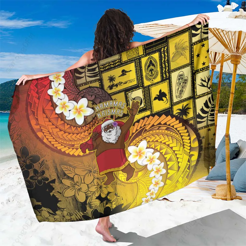 Red Green Christmas Sarong with Tropical Floral & Santa Print Papua New Guinea Retro Holiday Beach Wrap Wholesale Pareo - main view