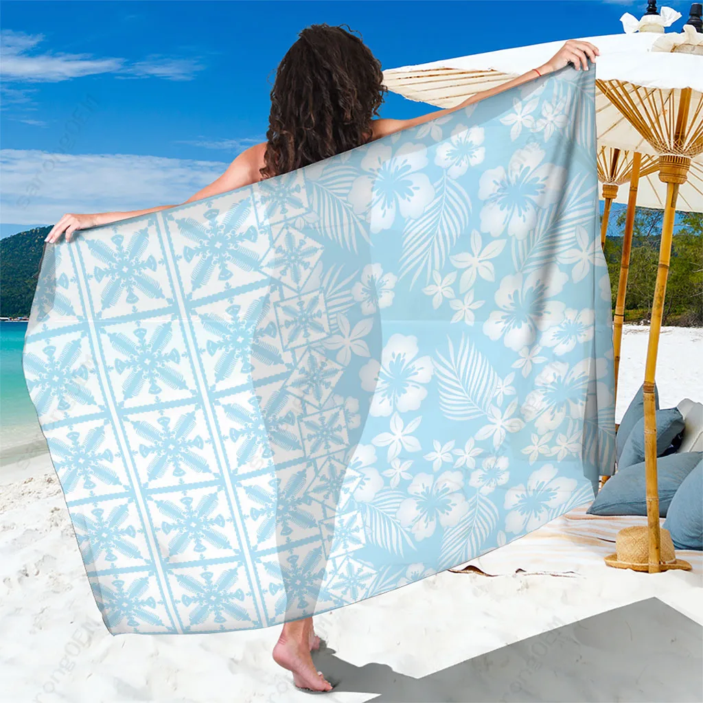 Pastel Blue Tropical Flower Hibiscus Print Sarong Hawaii Beach Wrap Wholesale Pareo - main view