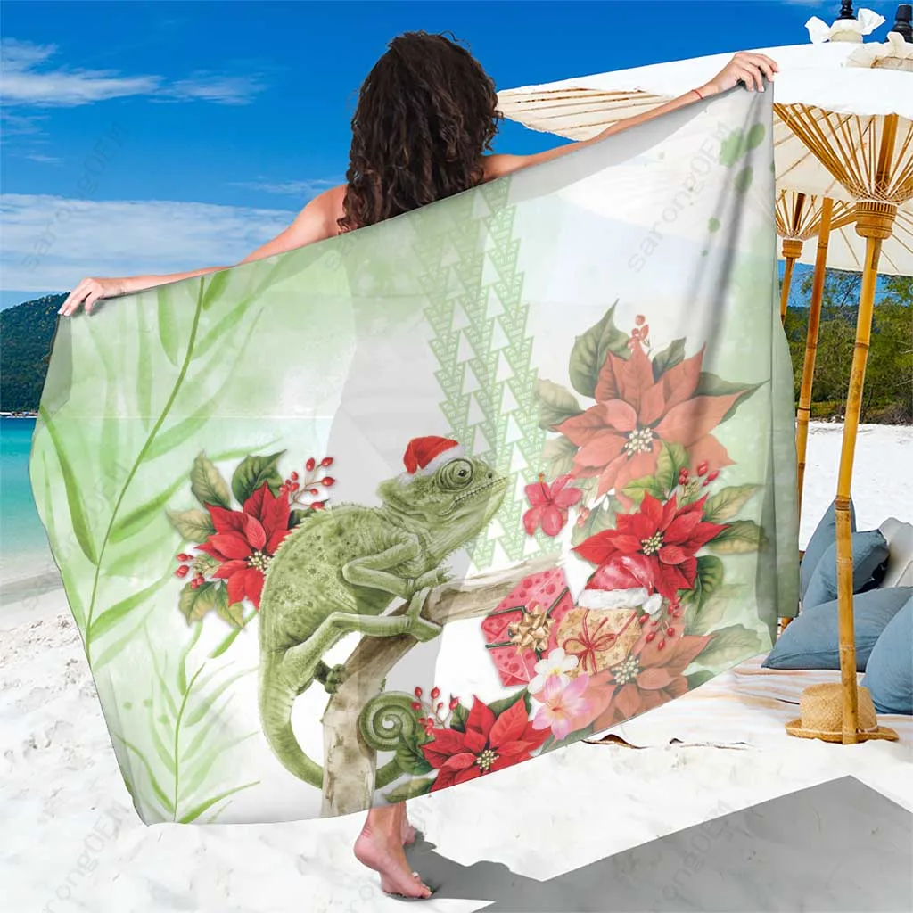 Pastel Green Hawaii Chameleon Christmas Watercolor Tropical Print Sarong Beach Wrap Wholesale Pareo - main view
