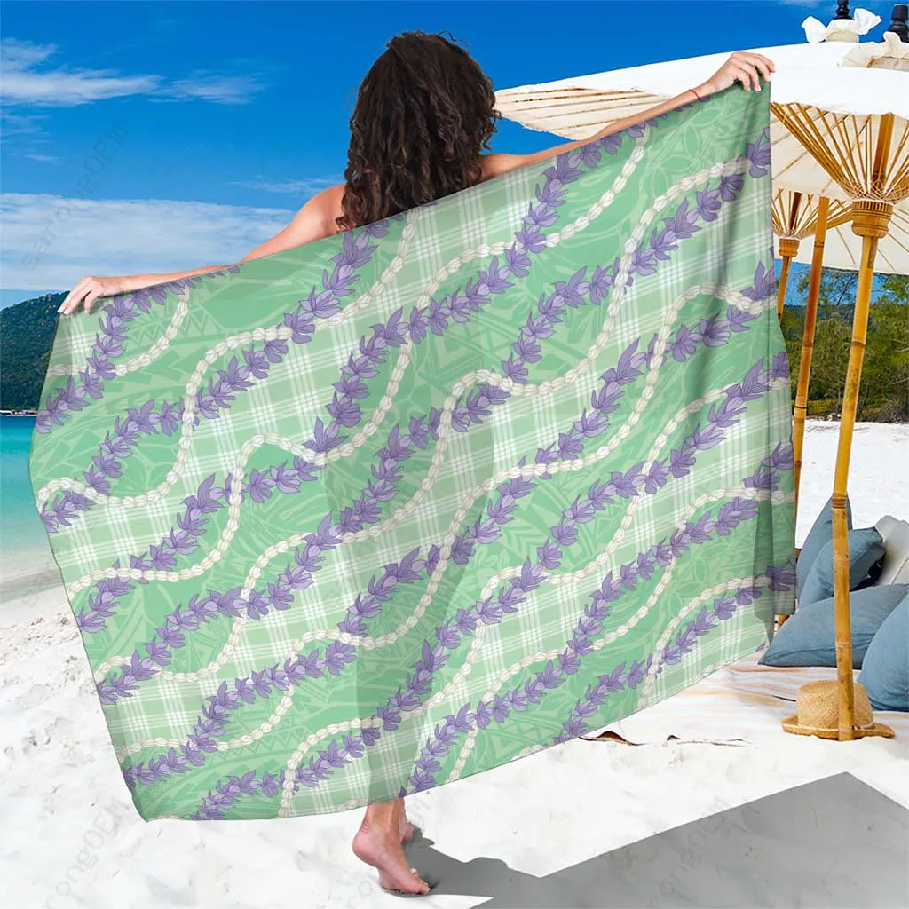 Pastel Green Hawaii Palaka Honohono Pikake Sarong Polynesian Orchid Lei Print Beach Wrap Cover Up Wholesale Pareo
