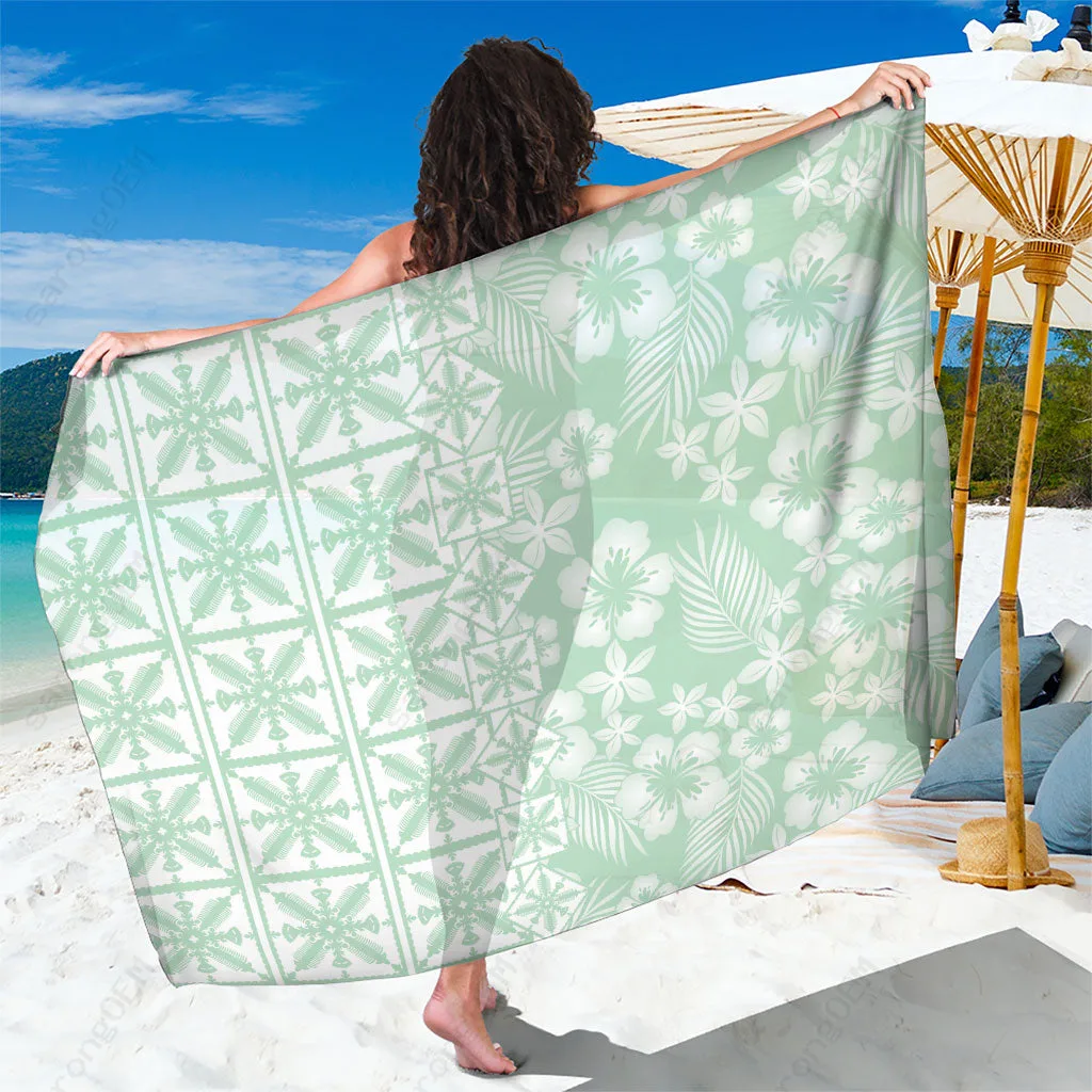 Pastel Green Tropical Hibiscus Palm Print Sarong Hawaii Beach Wrap Wholesale Pareo - main view
