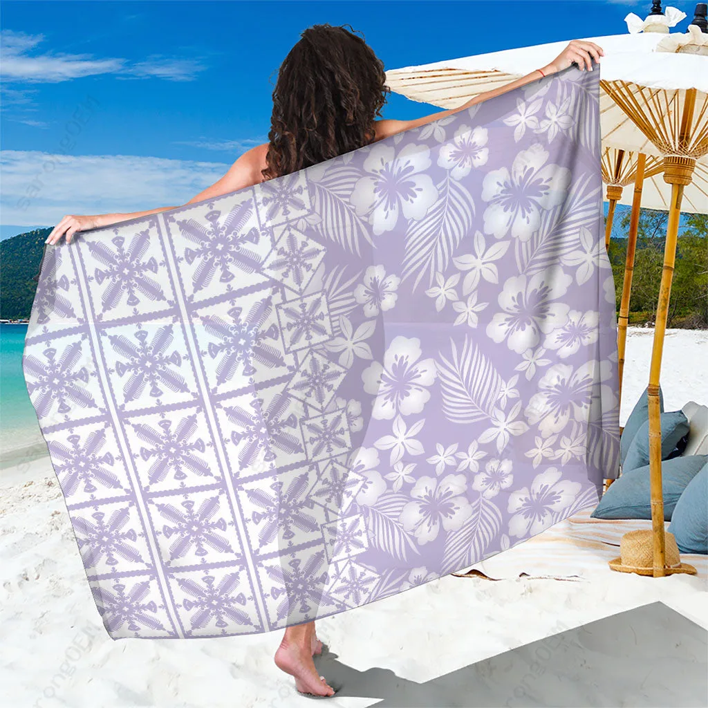 Purple Tropical Hibiscus Plumeria Palm Print Sarong Hawaii Beach Wrap Pareo Wholesale Custom - main view
