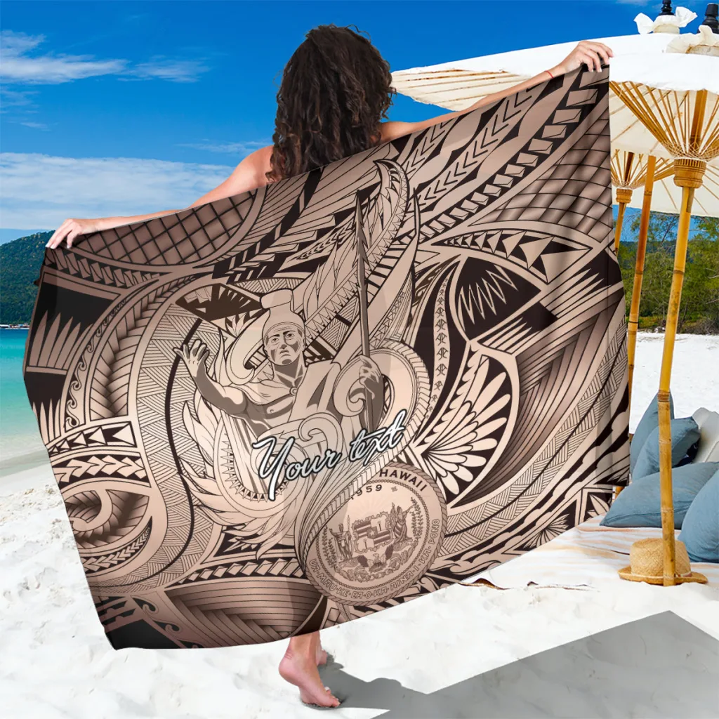 Beige Personalized Aloha King Kamehameha Spirits Sarong with Tribal Turtle & Hibiscus Print, Hawaiian Beach Wrap Pareo Wholesale - main view