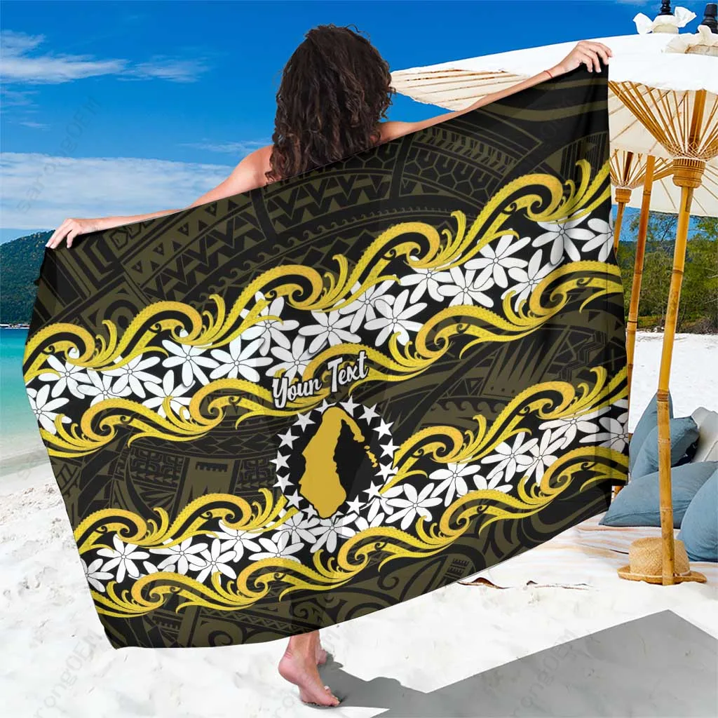 White Polynesian Waves Tiare Maori Tattoo Floral Print Sarong Beach Wrap Pareo for Resort Hotel Wholesale - main view