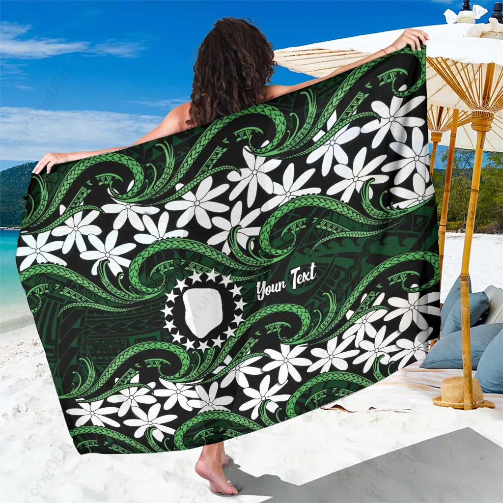 White Polynesian Waves Tiare Maori Tattoo Floral Print Sarong Beach Wrap Pareo Custom OEM - main view