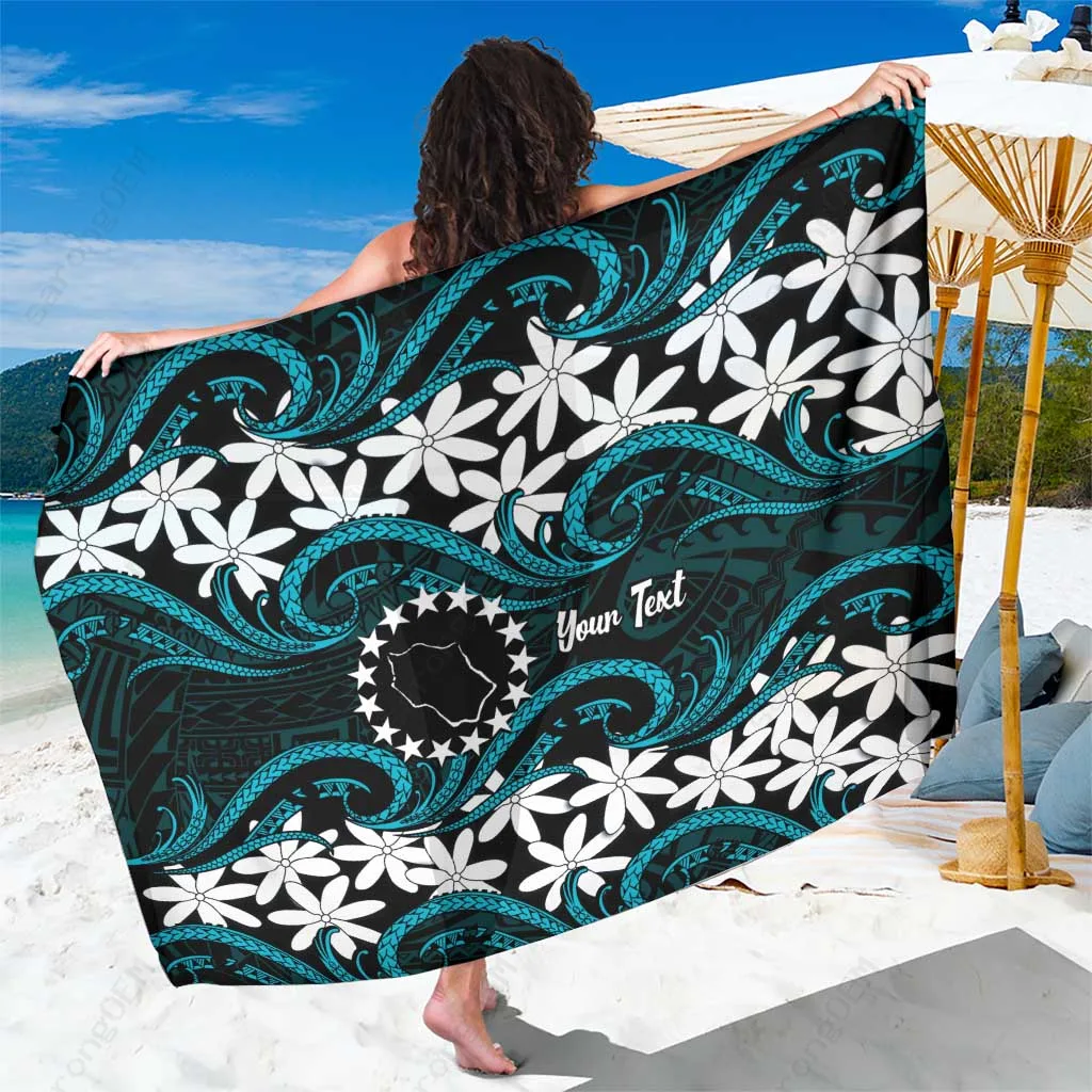 Navy Polynesian Waves Tiare Maori Tattoo Print Sarong Beach Wrap Summer Resort Cover Up Wholesale Pareo - main view