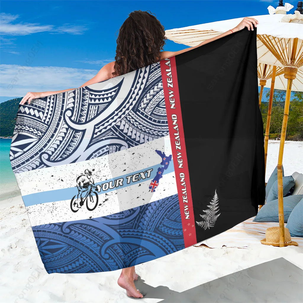 Black Personalized Cycling New Zealand Sarong Aotearoa Map Fern Maori Pattern Beach Wrap Wholesale Pareo - main view