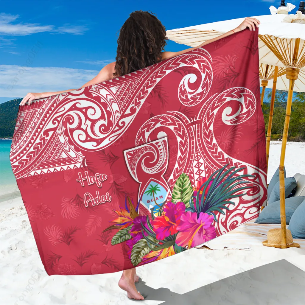 Red Tropical Hibiscus Tribal Print Sarong Polynesian Beach Wrap Pareo Cover Up Wholesale - main view