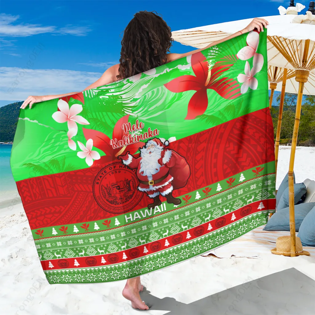 Red Green Hawaii Christmas Sarong with Palm Fronds and Hibiscus Print Tropical Beach Wrap Pareo Wholesale - main view