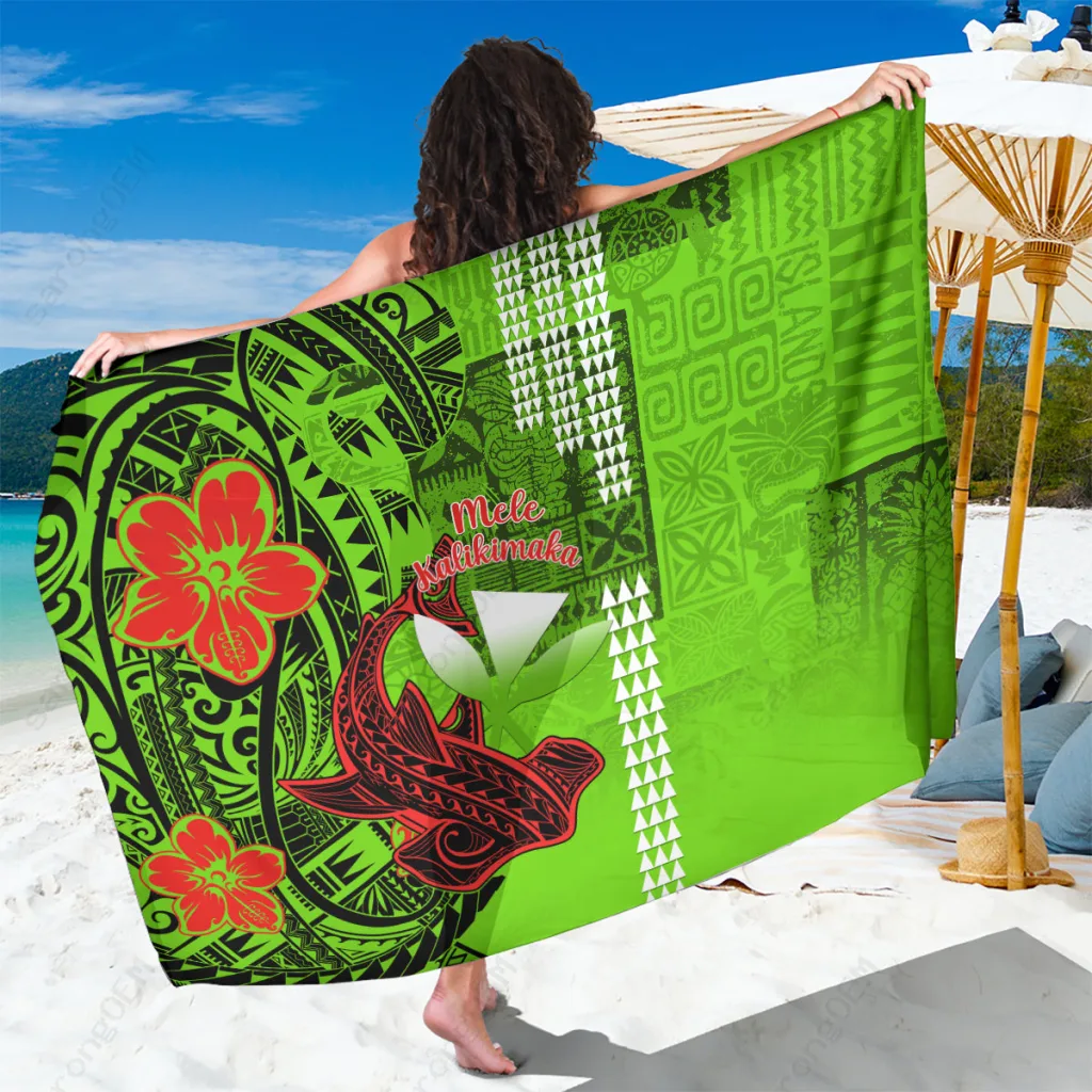Black Hawaii Christmas Sarong Mele Kalikimaka Polynesian Shark Tattoo Print Beach Wrap Wholesale Pareo - related