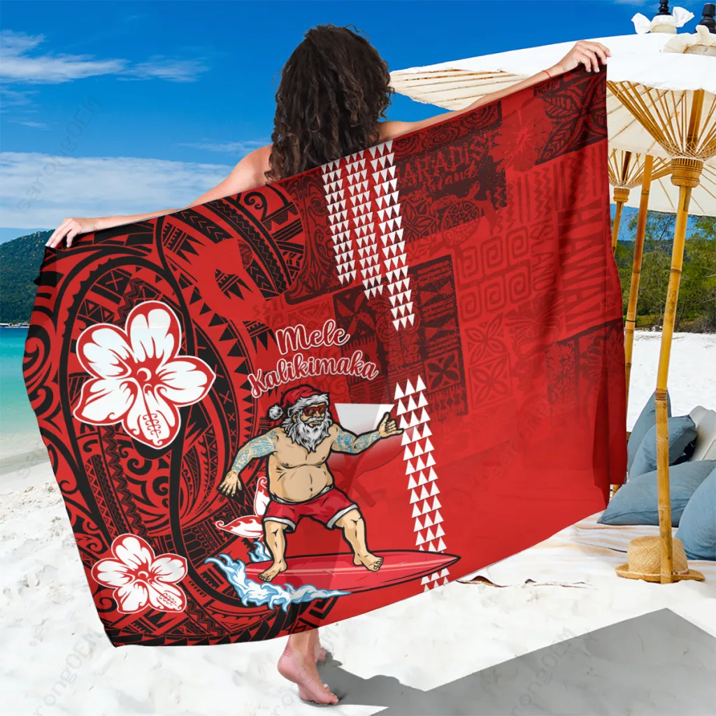 Red Green Hawaii Christmas Mele Kalikimaka Surfing Santa Claus Print Sarong Beach Wrap Pareo for Resort Holiday OEM - main view