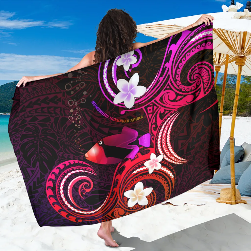 Maroon Hawaii Humuhumu Triggerfish Plumeria Floral Print Sarong Beach Wrap Tropical Island Resort Pareo Wholesale - main view