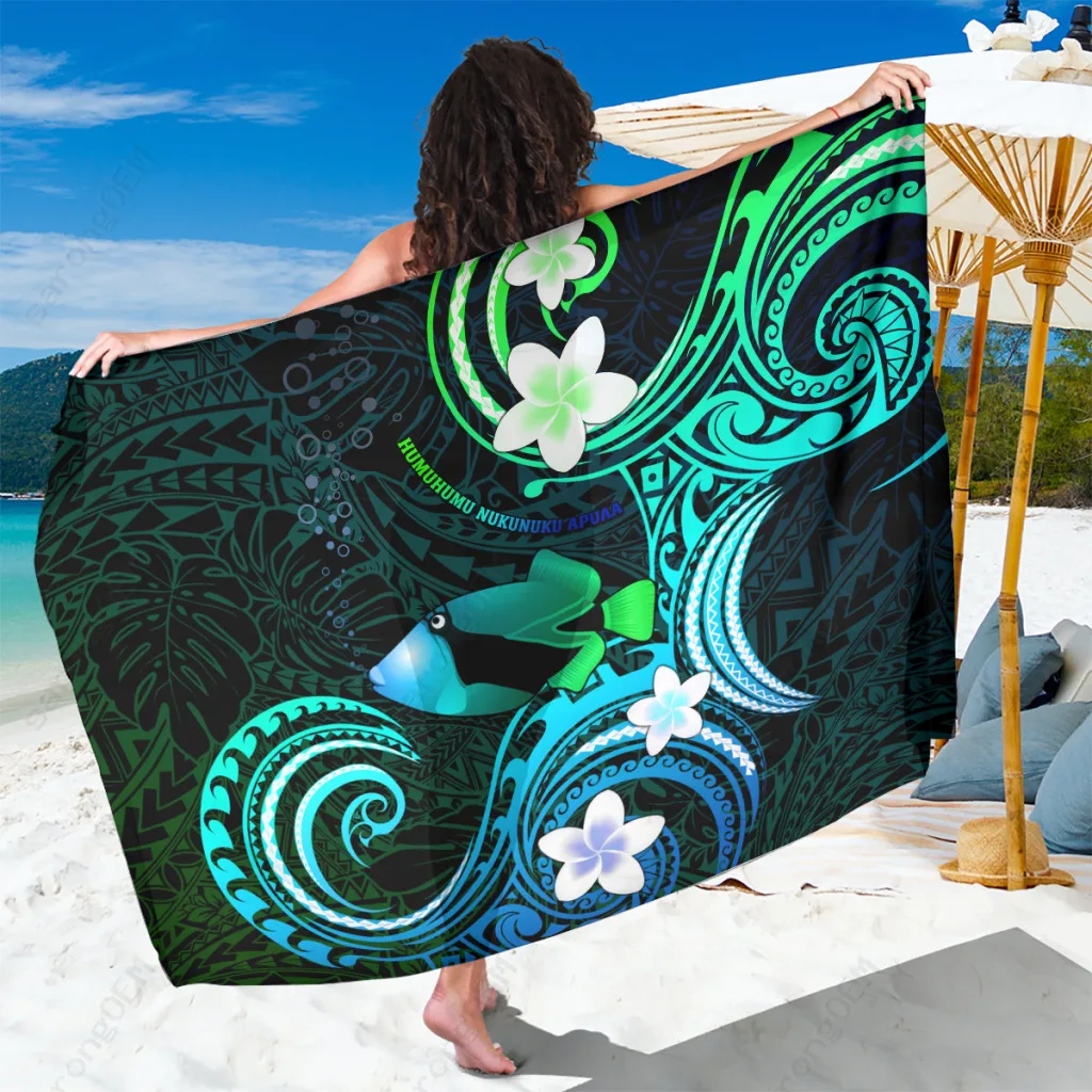 Turquoise Hawaii Plumeria Humuhumu Triggerfish Print Sarong Beach Wrap Summer Island Resort Pareo Wholesale - main view