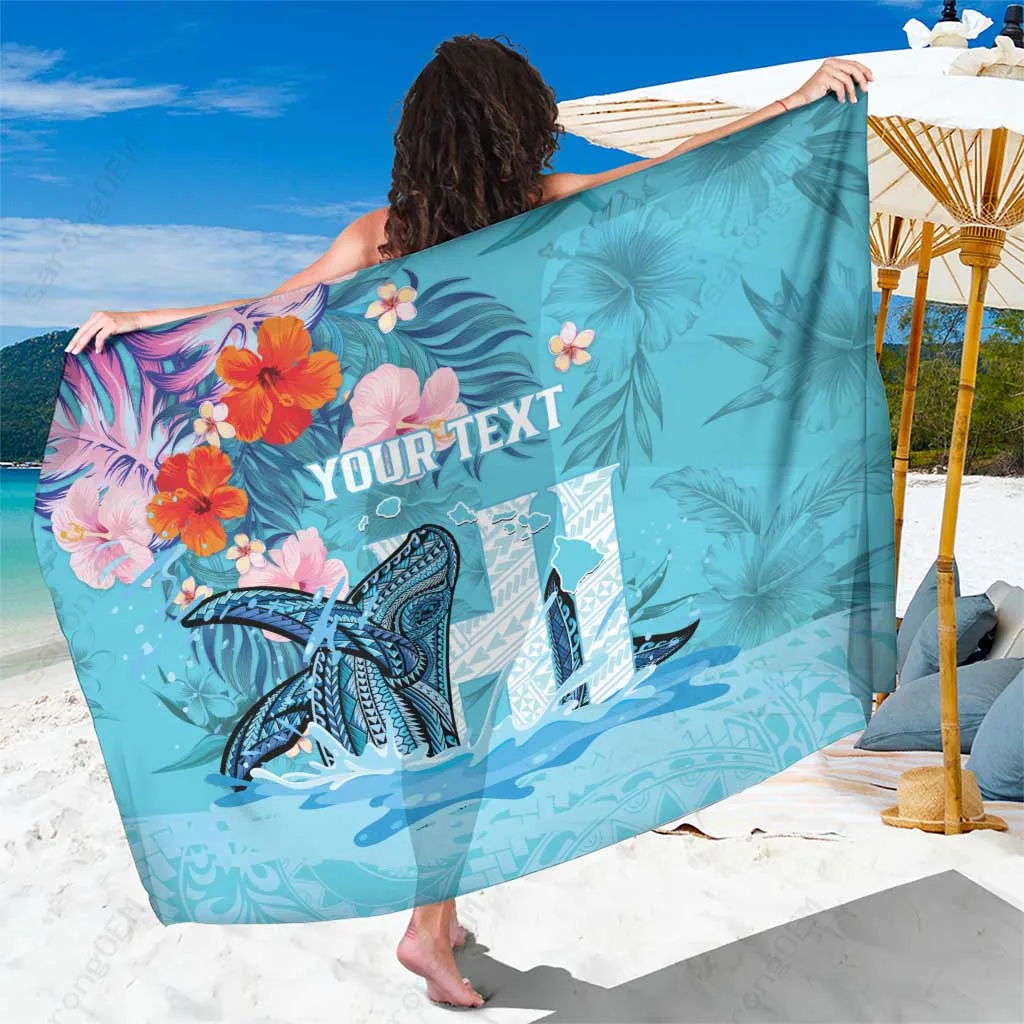 Blue Hawaii Sarong with Tropical Flowers and Humpback Whale Tattoo Polynesian Beach Wrap Wholesale Pareo - main view