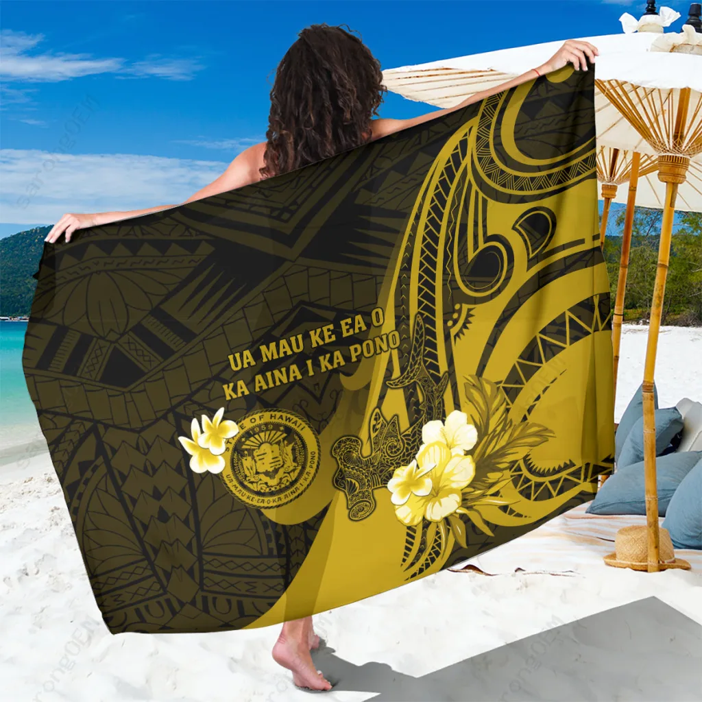 Gold Hawaii Tribal Hammerhead Shark Print Sarong Polynesian Beach Wrap Pareo Custom OEM - main view