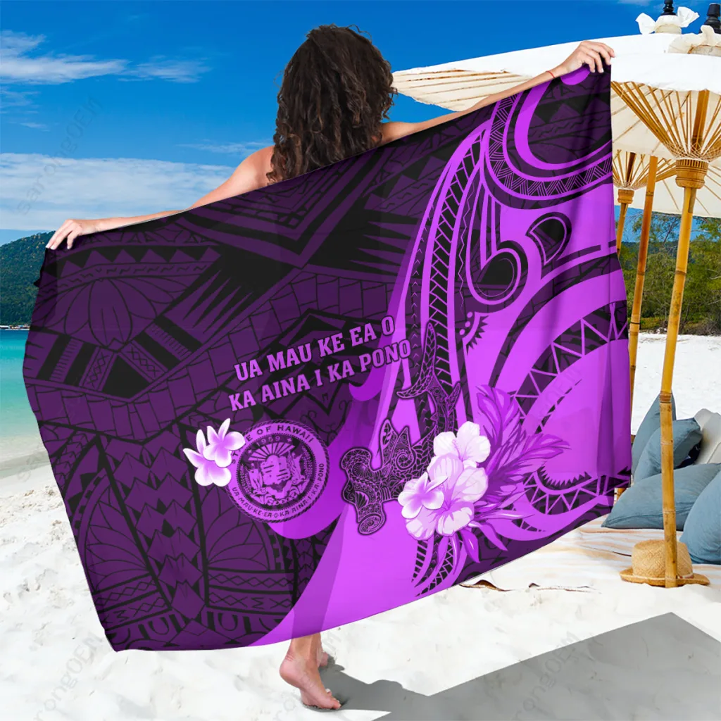 Purple Tribal Hammerhead Shark Hawaii State Motto Print Sarong Polynesian Beach Wrap Pareo for Resort OEM - main view