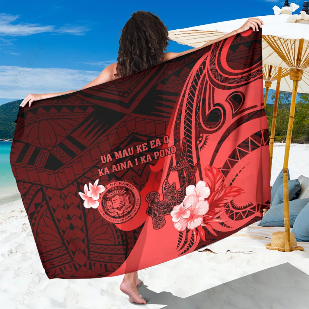 Red Hawaiian Tribal Hammerhead Shark Print Sarong Polynesian Beach Wrap Pareo Resort Cover Up Wholesale - main view