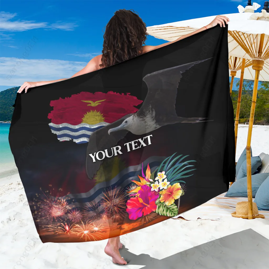 White Hibiscus Plumeria Frigatebird Print Sarong Kiribati Independence Day Style Beach Cover Up Wholesale Pareo - main view